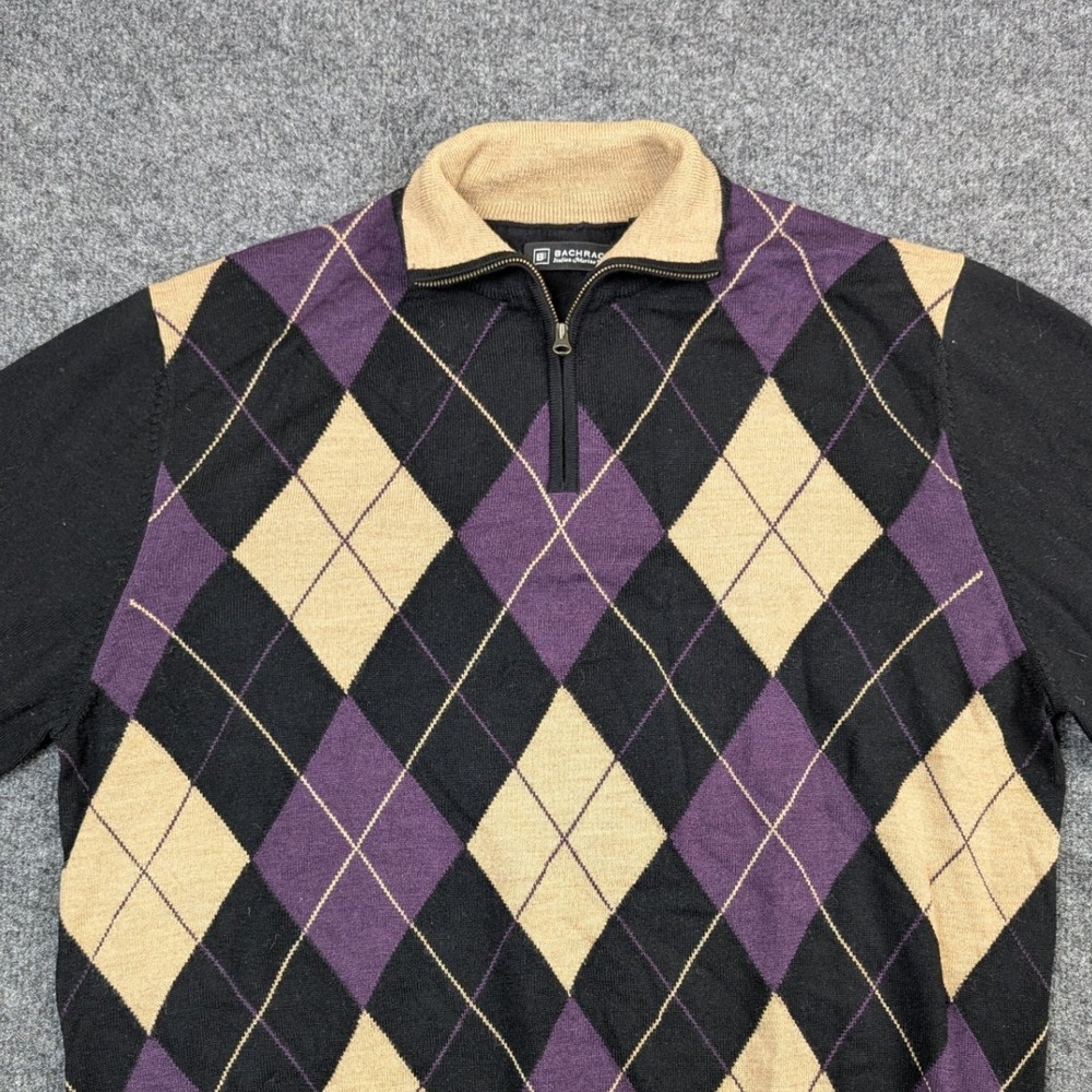Bachrach Mens Large Black Purple Argyle 100% Italian Merino Wool 1/4 Zip Sweater